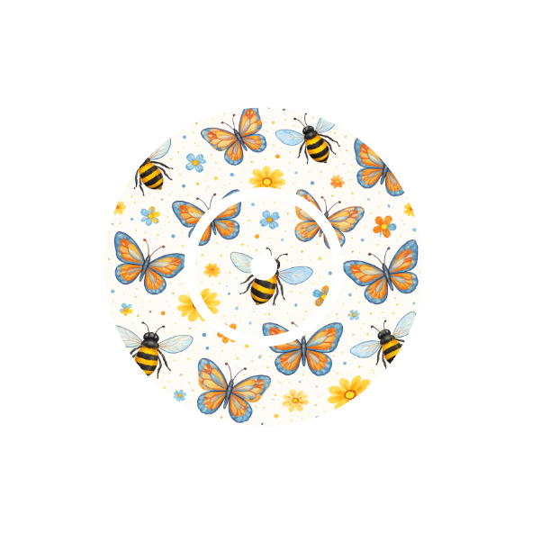 Circular pattern of bees and butterflies with flowers on a off white background fits  CGM FreeStyle Libre 2 device.
