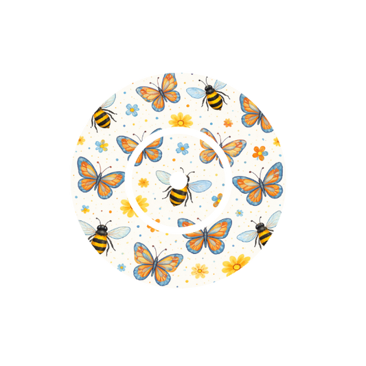 Circular pattern of bees and butterflies with flowers on a off white background fits  CGM FreeStyle Libre 2 device.