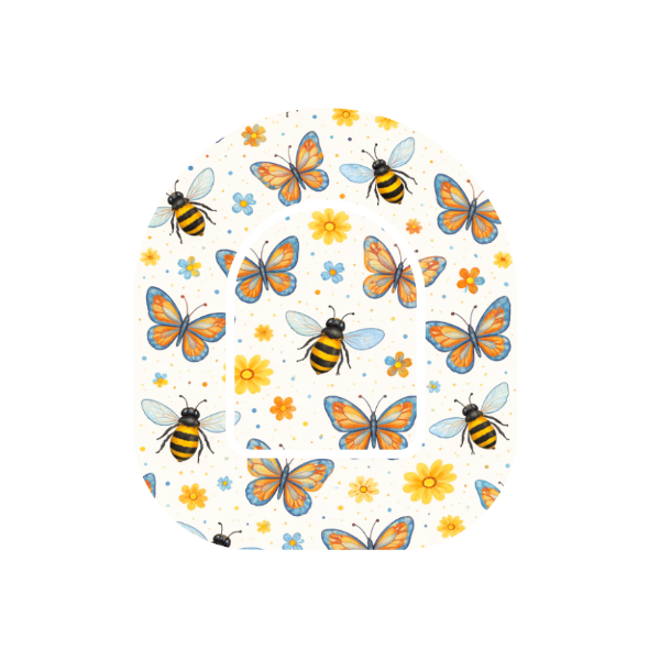 Bees and Butterflies patch for Omnipod Insulin Pump — bees and butterflies with flowers on off white