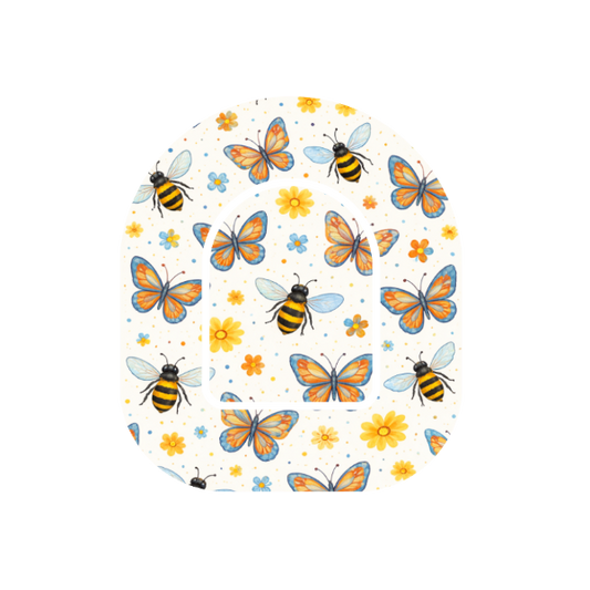 Bees and Butterflies patch for Omnipod Insulin Pump — bees and butterflies with flowers on off white
