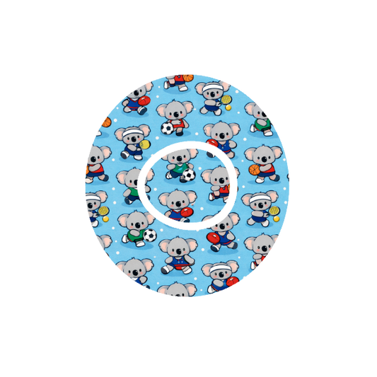 Binki All Sports CGM patch for Dexcom One+ — Binki koala in sports uniforms on light blue background