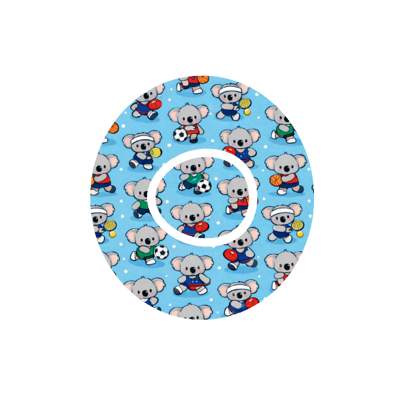 Circular design repeater pattern Binki the koala dressed in sports uniforms - soccer, football, tennis, basketball. Light blue background fits CGM Dexcom One+ and G7 device.