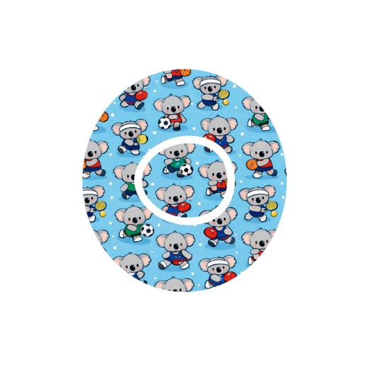 Circular design repeater pattern Binki the koala dressed in sports uniforms - soccer, football, tennis, basketball. Light blue background fits CGM Dexcom One+ and G7 device.