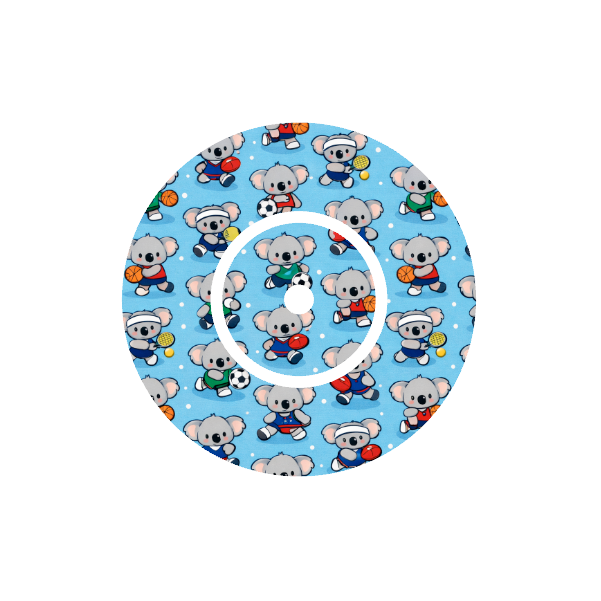 Circular design repeater pattern Binki the koala dressed in sports uniforms - soccer, football, tennis, basketball. Light blue background fits CGM FreeStyle Libre 2 device.