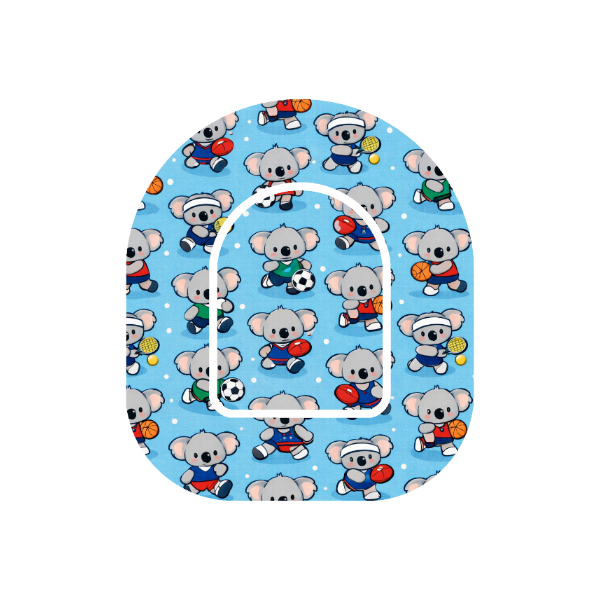 Binki All Sports patch for Omnipod Insulin Pump Binki koala in sports uniforms on light blue background