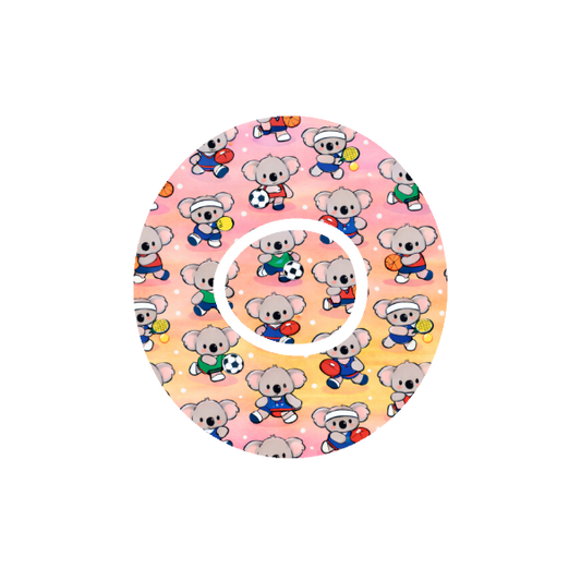 Binki All Sports CGM patch for Dexcom One+ — Binki koala in sports uniforms on ombre pink background
