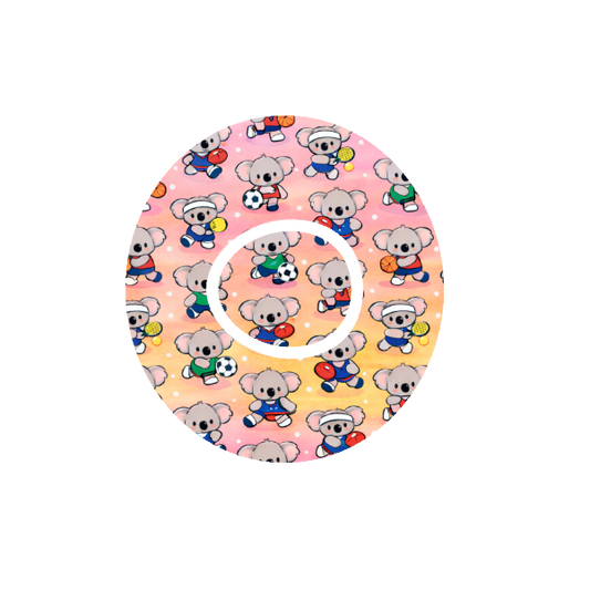 Circular design repeater pattern Binki the koala dressed in sports uniforms - soccer, football, tennis, basketball. Ombre pink background fits CGM Dexcom One+ and G7 device.