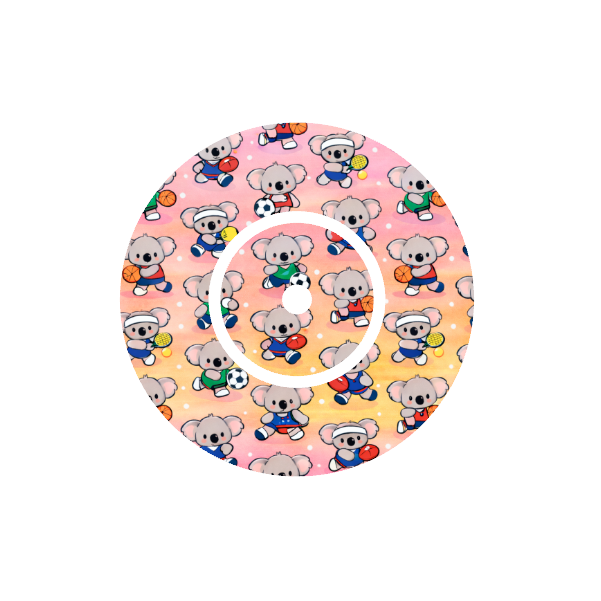 Circular design repeater pattern Binki the koala dressed in sports uniforms - soccer, football, tennis, basketball. Ombre pink background fits CGM FreeStyle Libre 2 device.