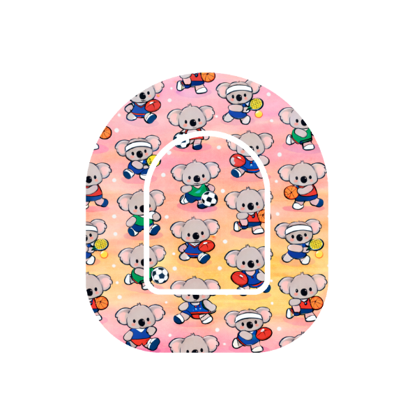 Binki All Sports patch for Omnipod Insulin Pump Binki koala in sports uniforms on ombre pink background