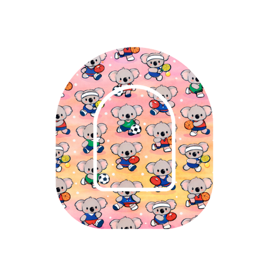 Binki All Sports patch for Omnipod Insulin Pump Binki koala in sports uniforms on ombre pink background