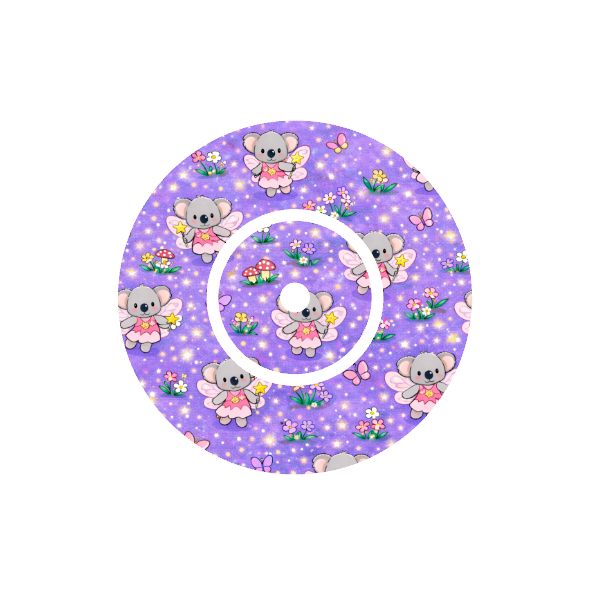 Binki Fairy Garden CGM patch for FreeStyle Libre 2 — Binki koala as fairy in garden with mushrooms and flowers