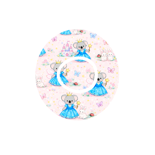 Circular shape Binki the koala dressed as a princess surrounded by lady bugs and butterflies with castles and a blue background fits CGM Dexcom One+ and G7 device.