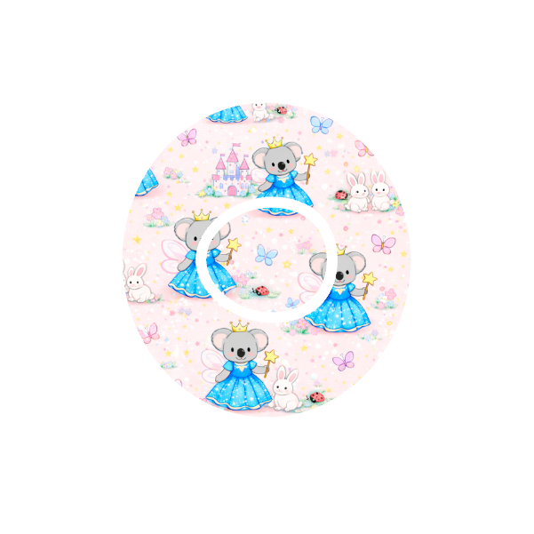 Circular shape Binki the koala dressed as a princess surrounded by lady bugs and butterflies with castles and a blue background fits CGM Dexcom One+ and G7 device.