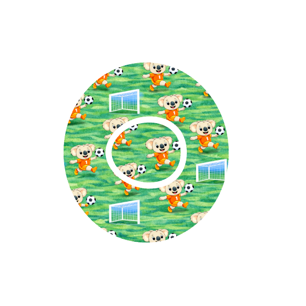 Circular design with animated Binki the koala playing soccer on a green soccer field fits CGM Dexcom One+ and G7 device.