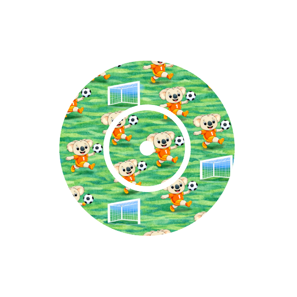 Circular design with animated Binki the koala playing soccer on a green soccer field fits CGM Dexcom One+ and G7 device.