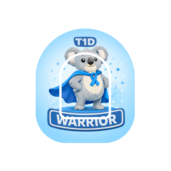 T1D Warrior Binki patch for Omnipod Insulin Pump — koala in blue cape with T1D ribbon design