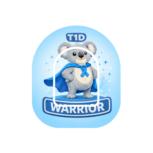 T1D Warrior Binki patch for Omnipod Insulin Pump — koala in blue cape with T1D ribbon design