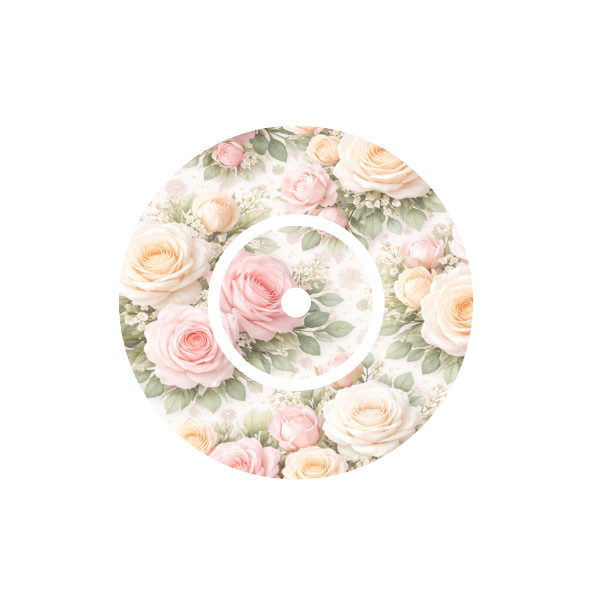 Round design with soft pink, apricot and white roses on a off white background fits CGM FreeStyle Libre 2 device.