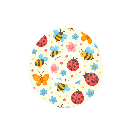 Circular shape animated Lady Bugs, Bees and Butterflies flying around on a off white background with colourful flowers fits CGM Dexcom One+ and G7 device.