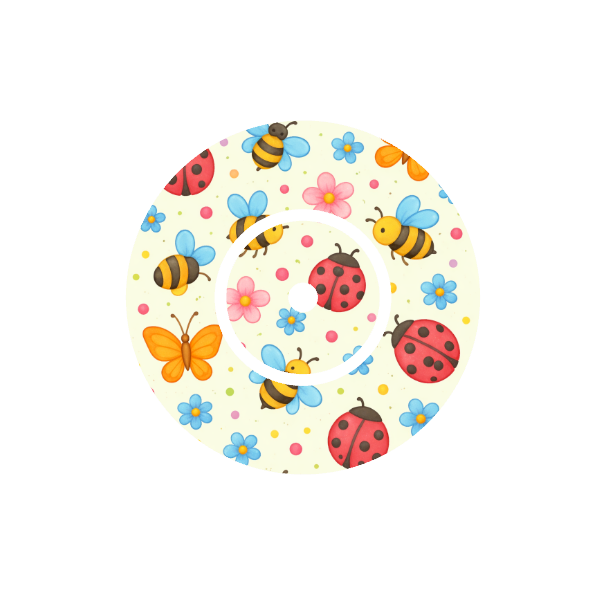 Circular shape animated Lady Bugs, Bees and Butterflies flying around on a off white background with colourful flowers fits CGM FreeStyle Libre 2  device.