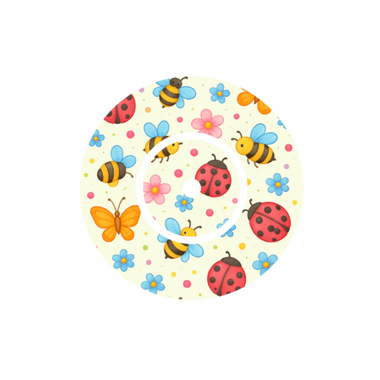 Circular shape animated Lady Bugs, Bees and Butterflies flying around on a off white background with colourful flowers fits CGM FreeStyle Libre 2  device.