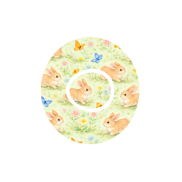 Bunny Meadow CGM patch for Dexcom One+ — animated bunnies with butterflies in flower meadow
