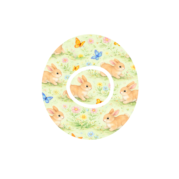 Bunny Meadow CGM patch for Dexcom G7 — animated bunnies with butterflies in flower meadow