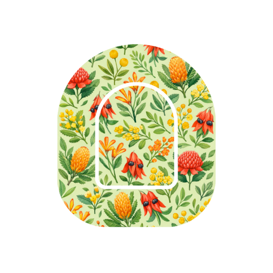Bush Blooms patch for Omnipod Insulin Pump — banksia, billy buttons, kangaroo paw on cream and green