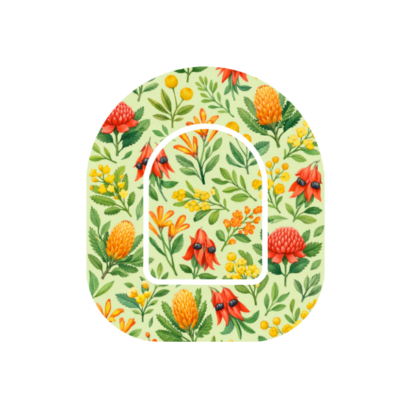Bush Blooms patch for Omnipod Insulin Pump — banksia, billy buttons, kangaroo paw on cream and green