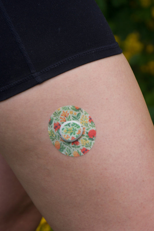 Bush Blooms CGM patch for Dexcom One+ — banksia, billy buttons, kangaroo paw on cream and green. upper leg.