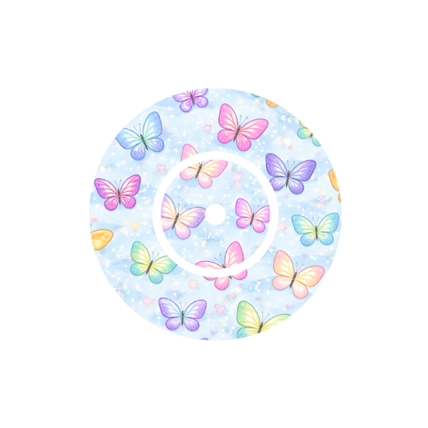 Butterfly Kiss CGM patch for FreeStyle Libre 2 — pastel butterflies on light blue background