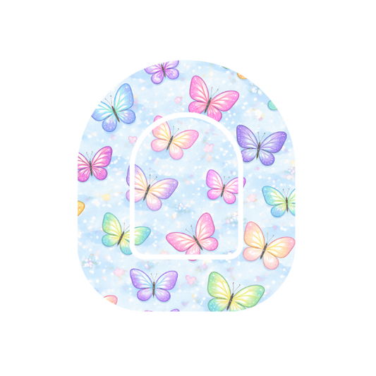 Butterfly Kiss patch for Omnipod Insulin Pump —  pastel butterflies on light blue background