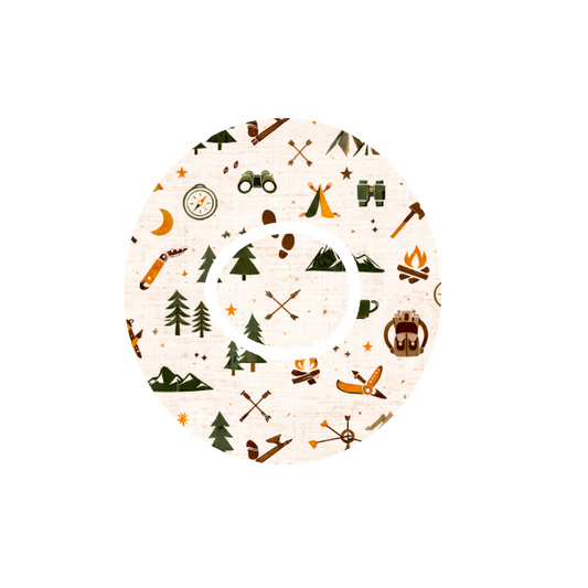 Camping Outdoors CGM patch for Dexcom One+ — tents, axe, fire and backpack icons on stone white