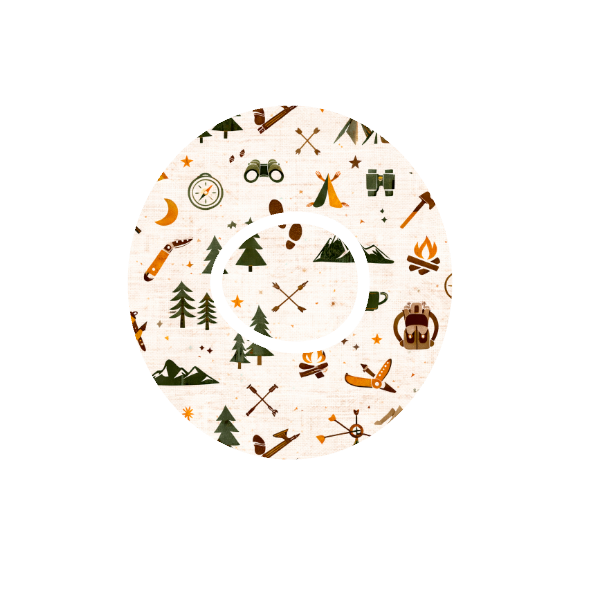 Circular design with camping-themed icons; tents, axe, fire, backpack, binoculars on a stone white background fits CGM Dexcom One+ and G7 device.