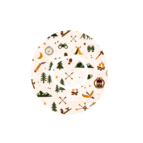 Circular design with camping-themed icons, tents, axe, fire, backpack, binoculars on a stone white background fits CGM Dexcom One+ and G7 device.
