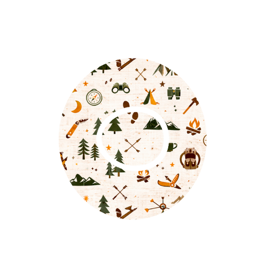 Circular design with camping-themed icons, tents, axe, fire, backpack, binoculars on a stone white background fits CGM Dexcom One+ and G7 device.