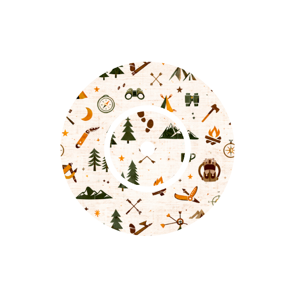 Circular design with camping-themed icons, tents, axe, fire, backpack, binoculars on a stone white background fits CGM FreeStyle Libre 2device.