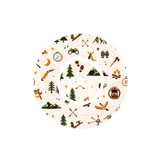 Circular design with camping-themed icons, tents, axe, fire, backpack, binoculars on a stone white background fits CGM FreeStyle Libre 2device.