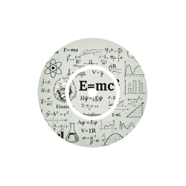 Circular design with Einstein's face and the equation E=mc² on a background of mathematical equations fits CGM FreeStyle Libre 2 device.