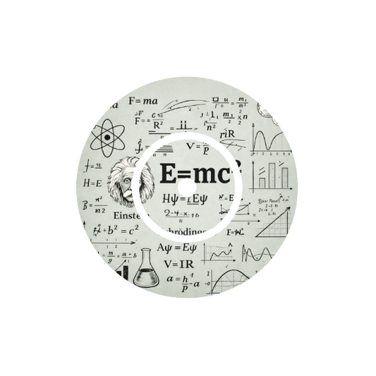 Circular design with Einstein's face and the equation E=mc² on a background of mathematical equations fits CGM FreeStyle Libre 2 device.