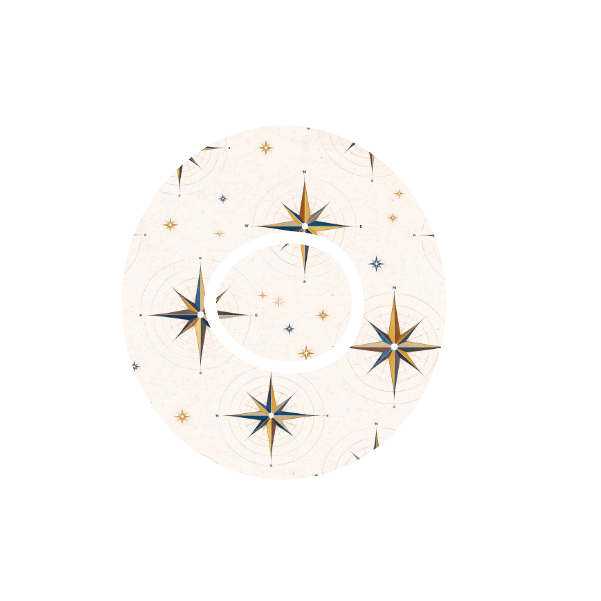 Circular design of compass with  starburst patterns on a stone taupe background fits CGM Dexcom One+ and G7 device.