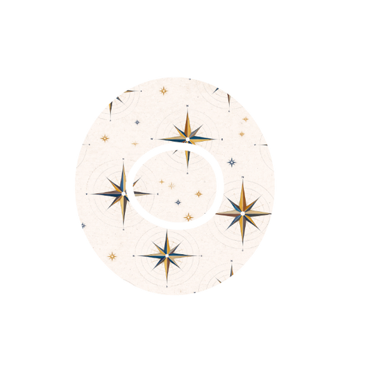 Circular design of compass with  starburst patterns on a stone taupe background fits CGM Dexcom One+ and G7 device.