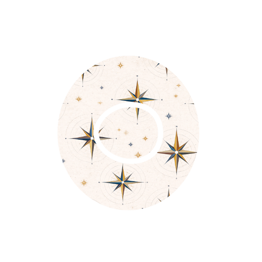 Circular design of compass with  starburst patterns on a stone taupe background fits CGM Dexcom One+ and G7 device.