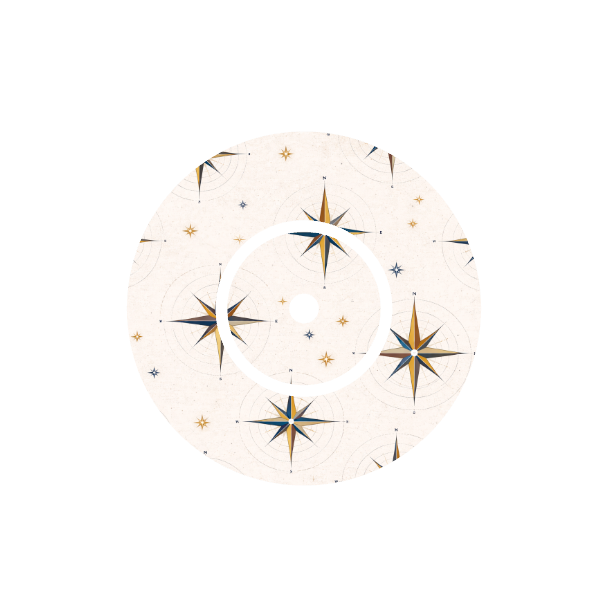 Circular design of compass with  starburst patterns on a stone taupe background fits CGM FreeStyle Libre 2 device.