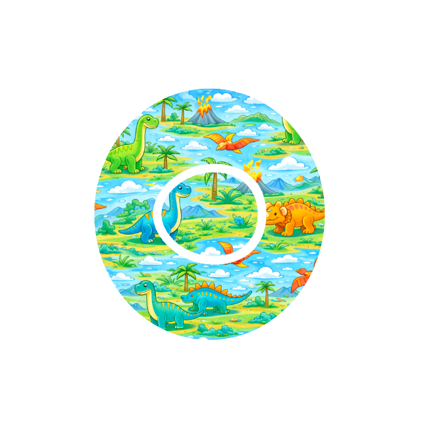 Dinosaur Adventure CGM patch for Dexcom One+ — colourful cartoon dinosaurs on tropical island