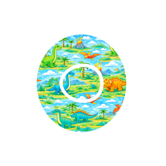 Dinosaur Adventure CGM patch for Dexcom One+ — colourful cartoon dinosaurs on tropical island