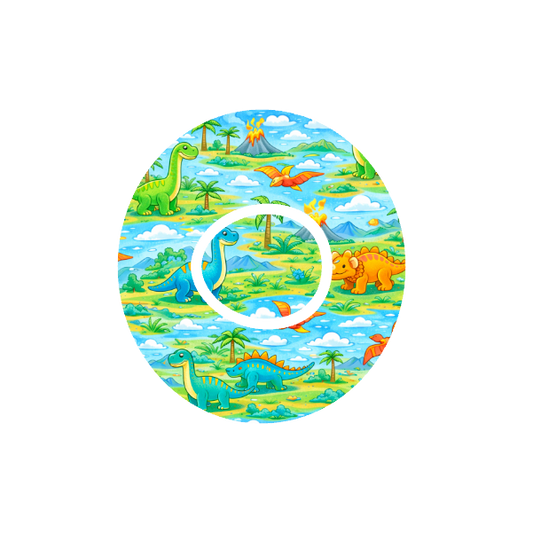 Circular shape colourful cartoon playful Dinosuars  on a repeated Island pattern with blue skies and a erupting volcano in the background fits Dexcom One+ and G7 device.