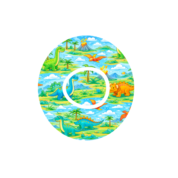 Circular shape colourful cartoon playful Dinosuars  on a repeated Island pattern with blue skies and a erupting volcano in the background fits Dexcom One+ and G7 device.