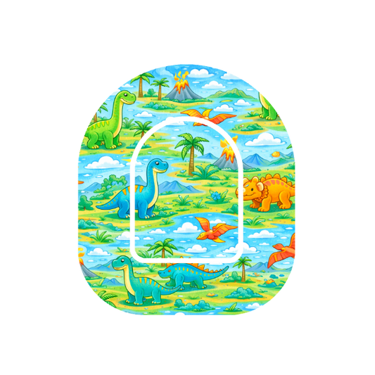 Dinosaur Adventure patch for Omnipod Insulin Pump— colourful cartoon dinosaurs on tropical island