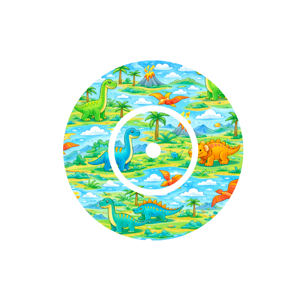 Circular shape colourful cartoon playful Dinosuars  on a repeated Island pattern with blue skies and a erupting volcano in the background fits FreeStyle Libre 2 device.
